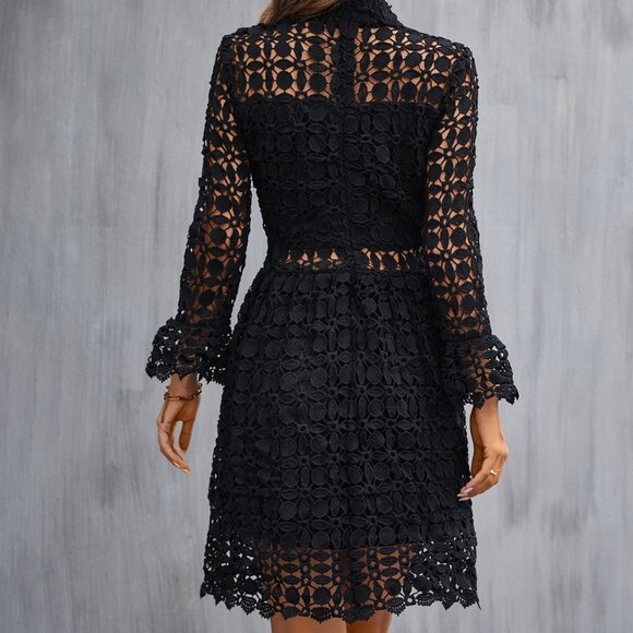 Mock Neck mesh insert Flounce Sleeve Lace Dress black - Picture 5 of 10